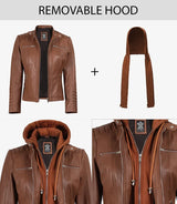 Women's Cognac Brown Leather Jacket With Removable Hood