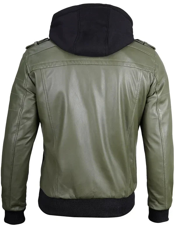 Men's Military Green Leather Jacket with Removable Hood