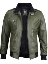 Men's Military Green Leather Jacket with Removable Hood
