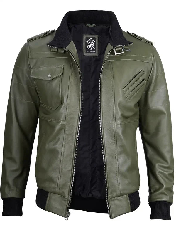 Men's Military Green Leather Jacket with Removable Hood