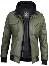 Men's Military Green Leather Jacket with Removable Hood