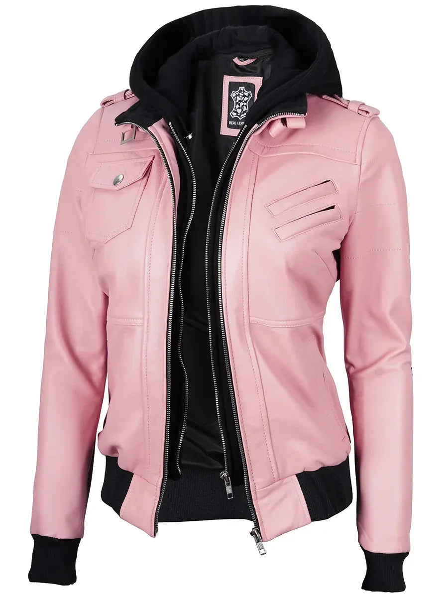 Women's Pink Leather Jacket with Removable Hood