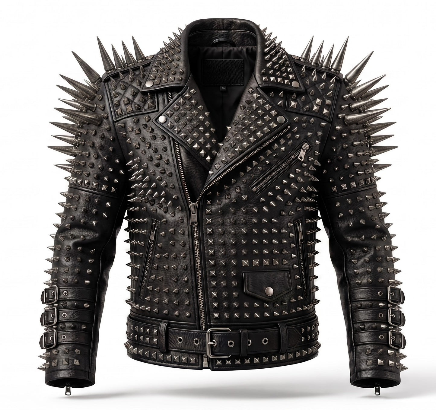 Men's black studded leather biker jacket