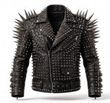Men's black studded leather biker jacket