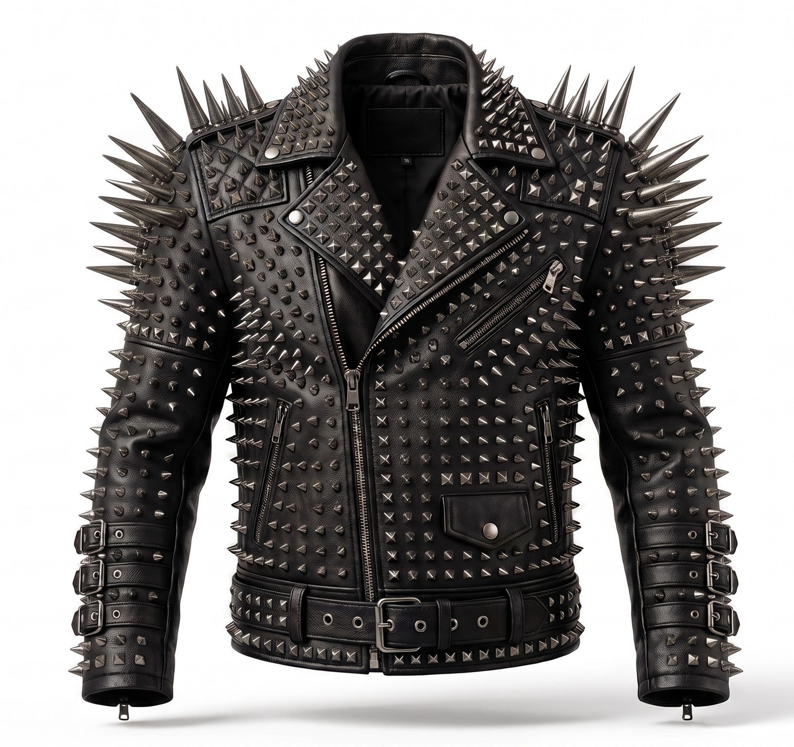 Men's black studded leather biker jacket