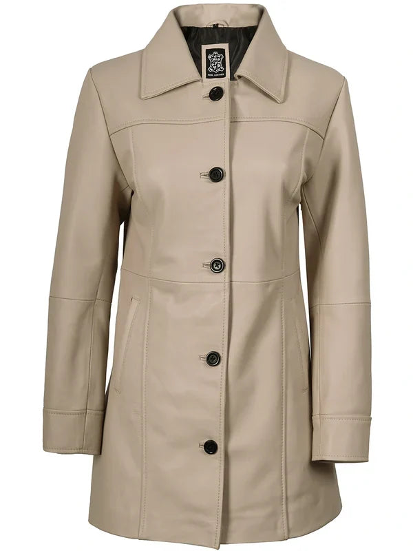 Kandis Women's Biege Real Leather Car Coat