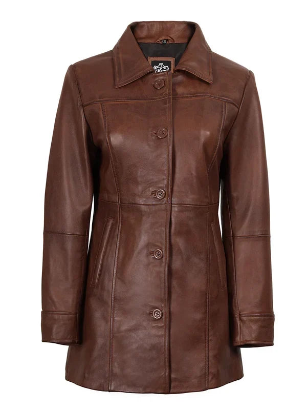 Kandis Women's Cognac Brown Leather Car Coat