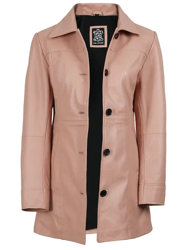 Kandis Women Pink Real Leather Car Coat