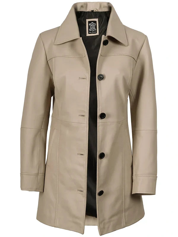 Kandis Women's Biege Real Leather Car Coat