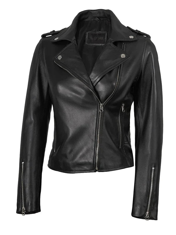 Kirsten Women's Black Asymmetrical Leather Biker Style Jacket