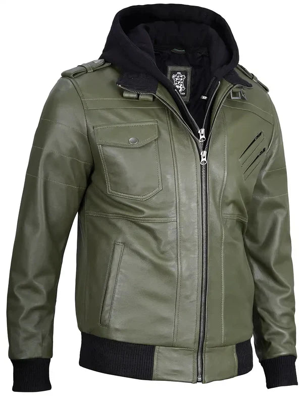 Men's Military Green Leather Jacket with Removable Hood