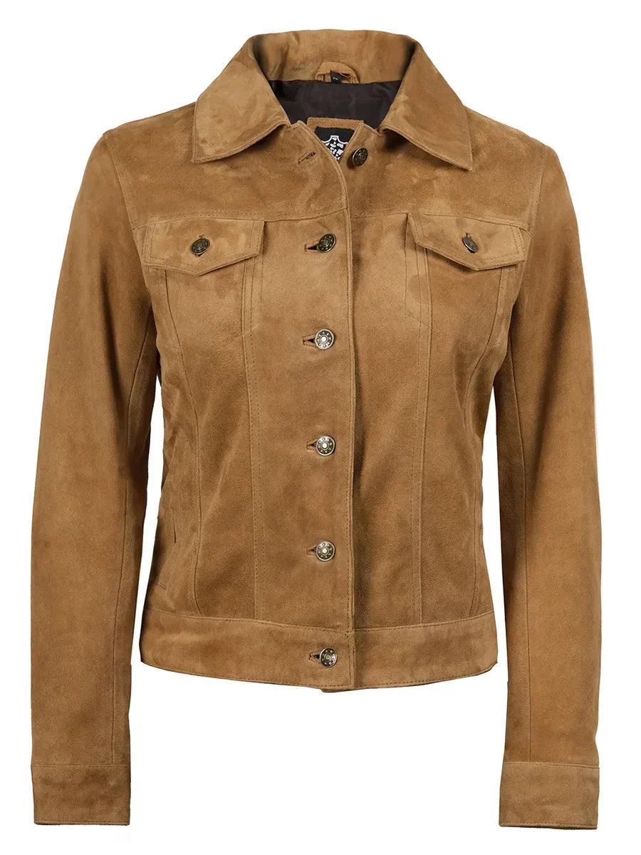 Women's Light Brown Suede Trucker Jacket