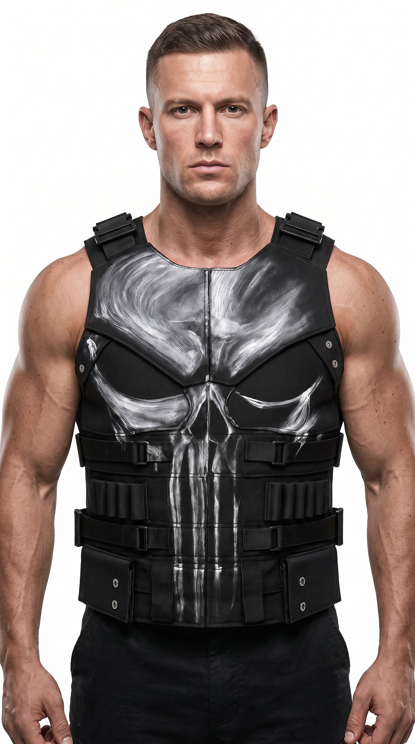 Frank Castle Inspired Black Leather Vest for Men – Tactical Biker Cosplay Costume