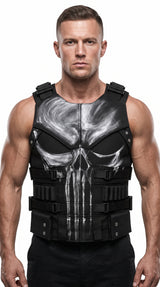 Frank Castle Inspired Black Leather Vest for Men – Tactical Biker Cosplay Costume