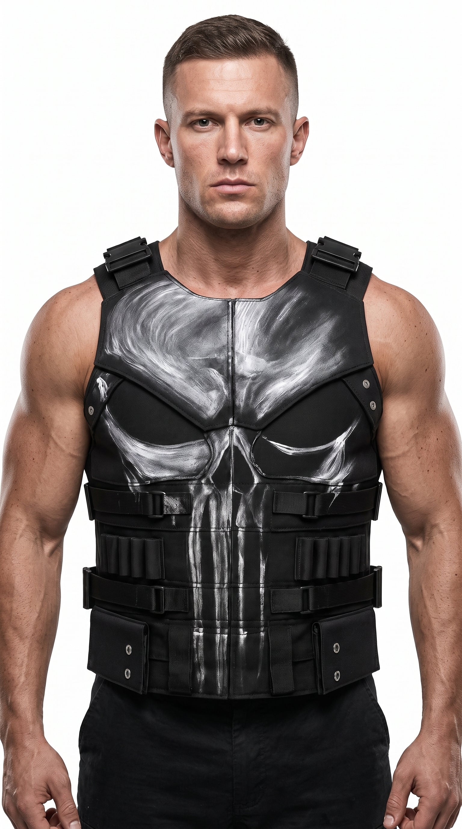 Frank Castle Inspired Black Leather Vest for Men – Tactical Biker Cosplay Costume