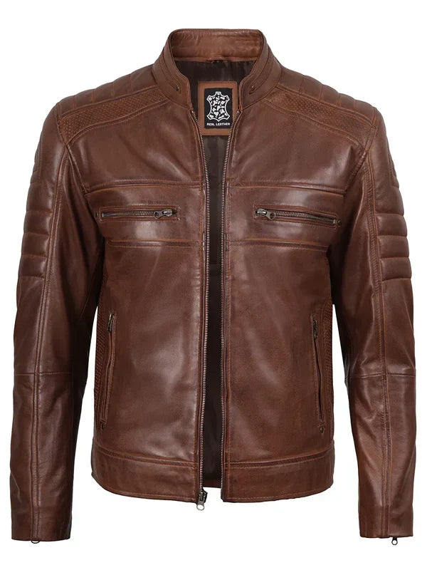 Austin Men's Cognac Brown Cafe Racer Leather Jacket