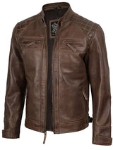 Men Chocolate Brown Cafe Racer Real Leather Jacket