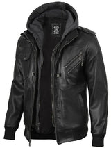 Men's Black Bomber Leather Jacket with Removable Hood