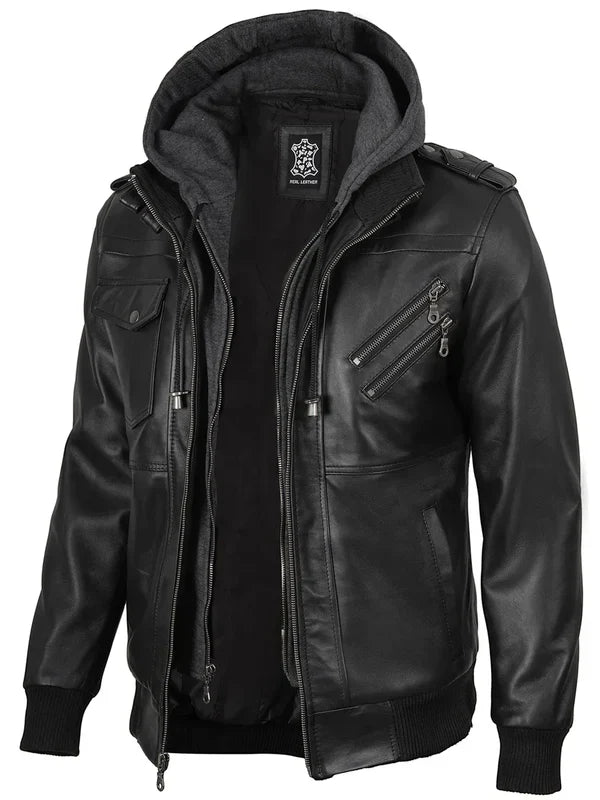 Men's Black Bomber Leather Jacket with Removable Hood