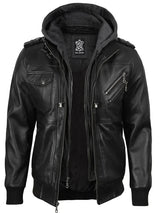 Men's Black Bomber Leather Jacket with Removable Hood