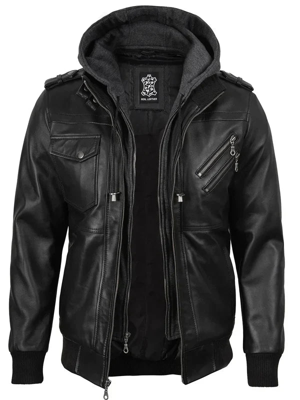 Men's Black Bomber Leather Jacket with Removable Hood