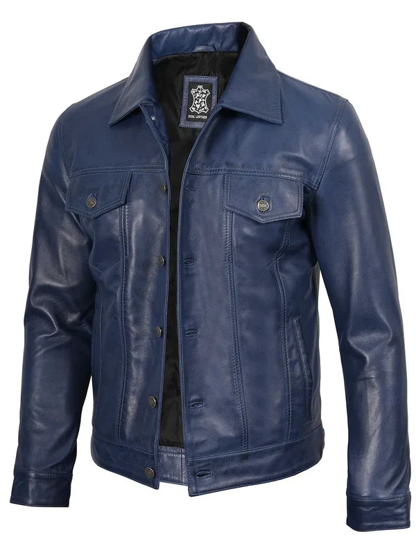 Fernando Men's Blue Real Leather Trucker Jacket