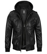 Edinburgh Mens Black Bomber Leather Jacket With Removable Hood