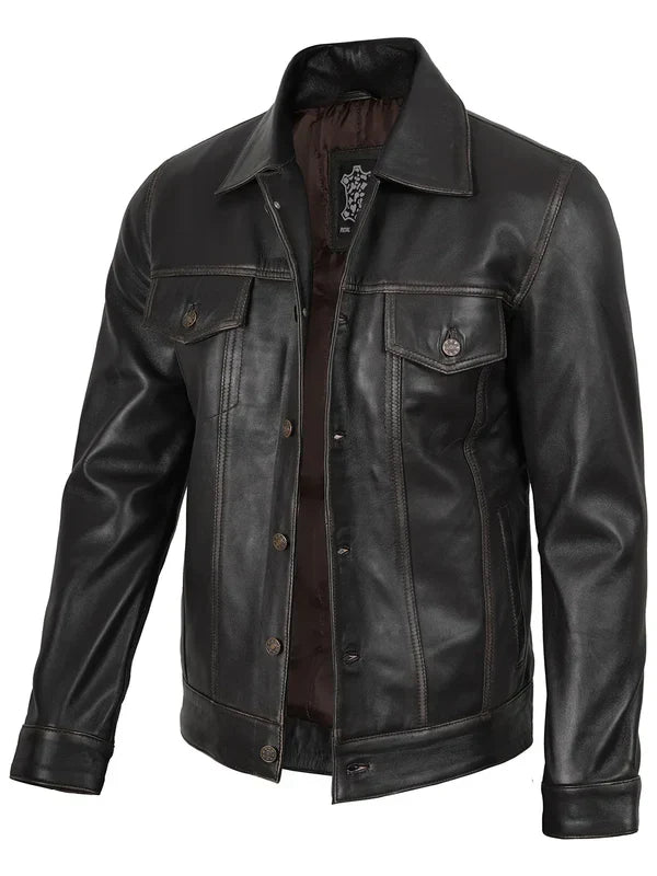 Men's Dark Brown Trucker Leather Jacket