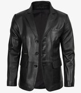 Mens Real Leather Three Button Black Blazer