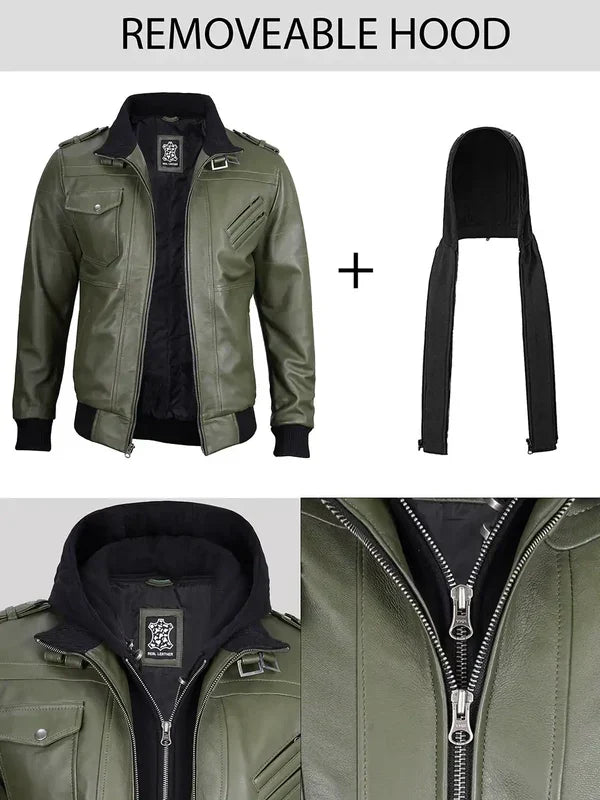 Men's Military Green Leather Jacket with Removable Hood