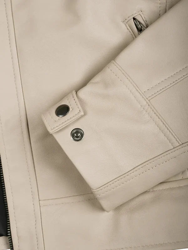 Men's Beige Cafe Racer Leather Jacket
