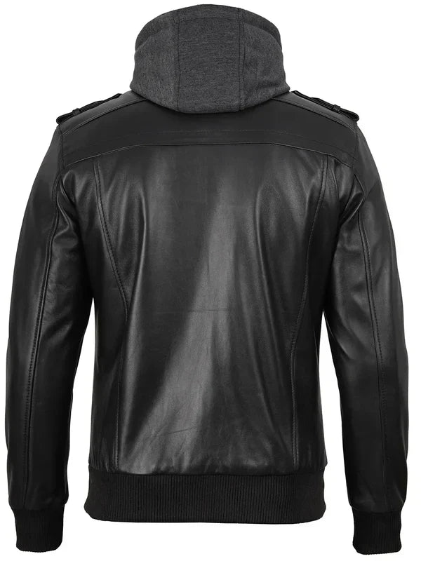 Men's Black Bomber Leather Jacket with Removable Hood
