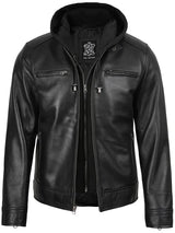 Men's Black Biker Style Leather Jacket with Removable Hood