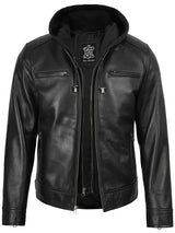 Men's Black Biker Style Leather Jacket with Removable Hood