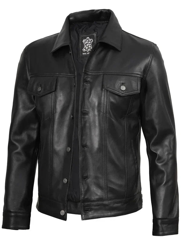 Fernando Mens Black Leather Trucker Jacket