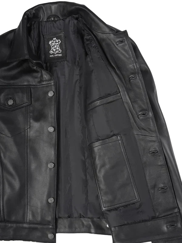 Fernando Mens Black Leather Trucker Jacket