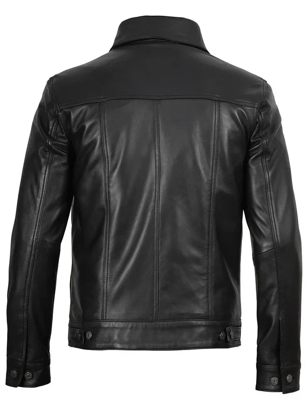 Fernando Mens Black Leather Trucker Jacket