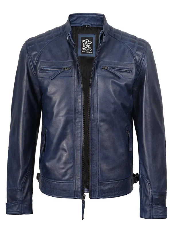 Men's Blue Wax Cafe Racer Leather Jacket