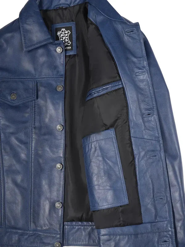 Fernando Men's Blue Real Leather Trucker Jacket