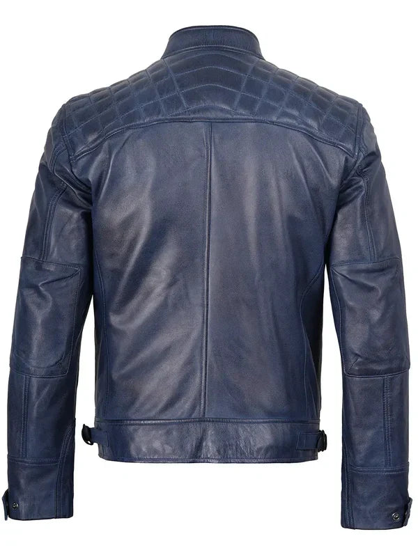 Men's Blue Wax Cafe Racer Leather Jacket