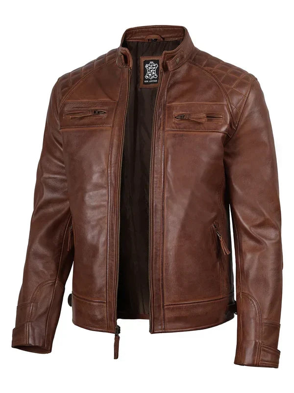 Johnson Men's Cognac Brown Quilted Biker Leather Jacket