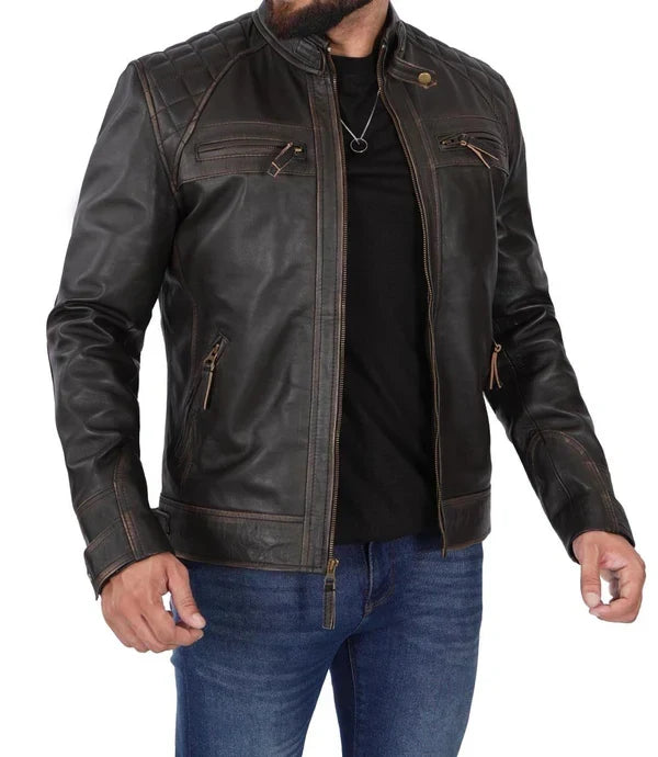 Men's Distressed Brown Cafe Racer Leather Jacket