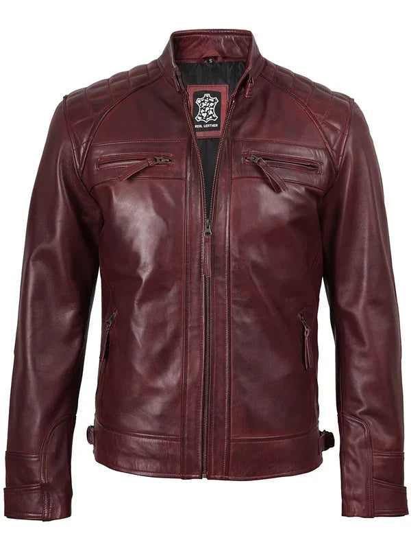 Johnson Burgundy Quilted Biker Style Leather Jacket