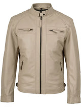 Men's Beige Cafe Racer Leather Jacket