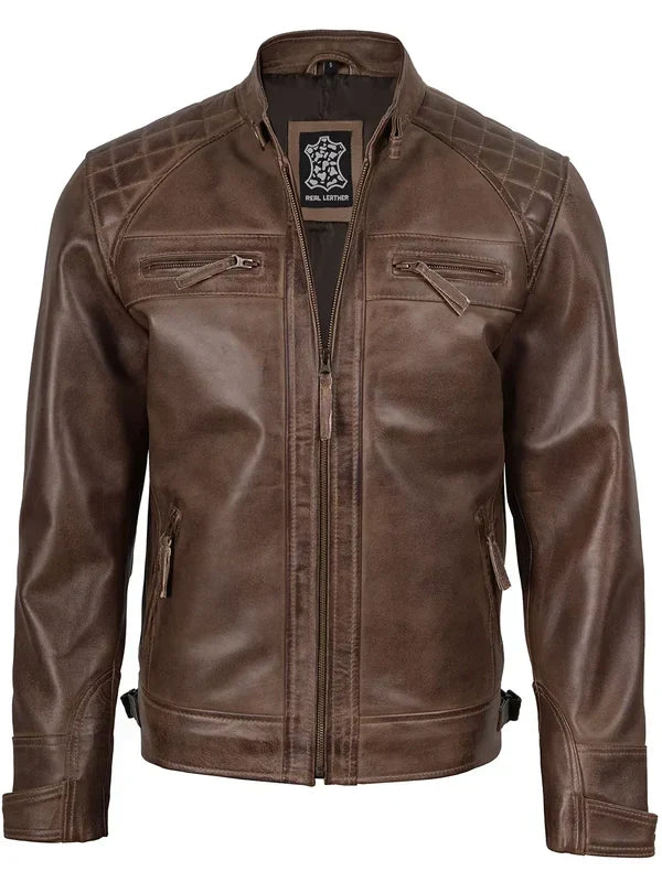 Men Chocolate Brown Cafe Racer Real Leather Jacket
