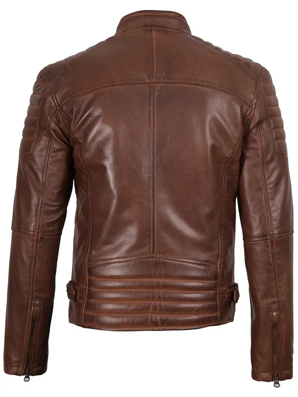 Mens Cognac Brown Cafe Racer Leather Jacket