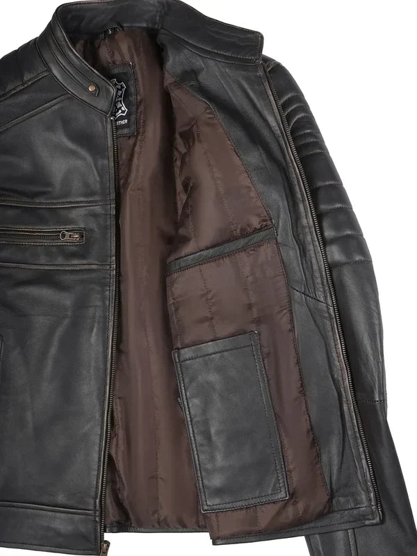 Men's Rub Off Dark Brown Cafe Racer Leather Jacket