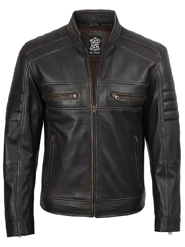Men's Rub Off Dark Brown Cafe Racer Leather Jacket