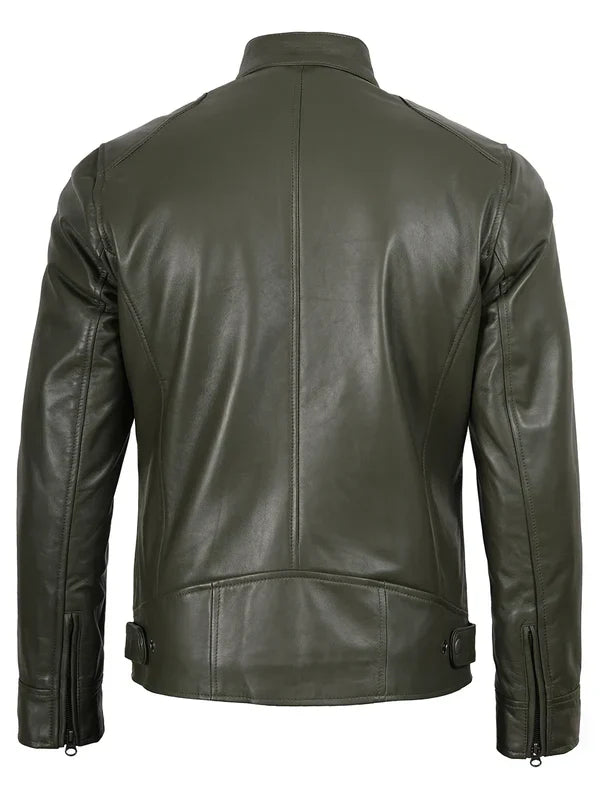 Dodge Mens Green Cafe Racer Real Leather Jacket