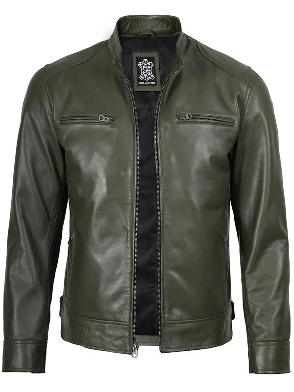 Dodge Mens Green Cafe Racer Real Leather Jacket